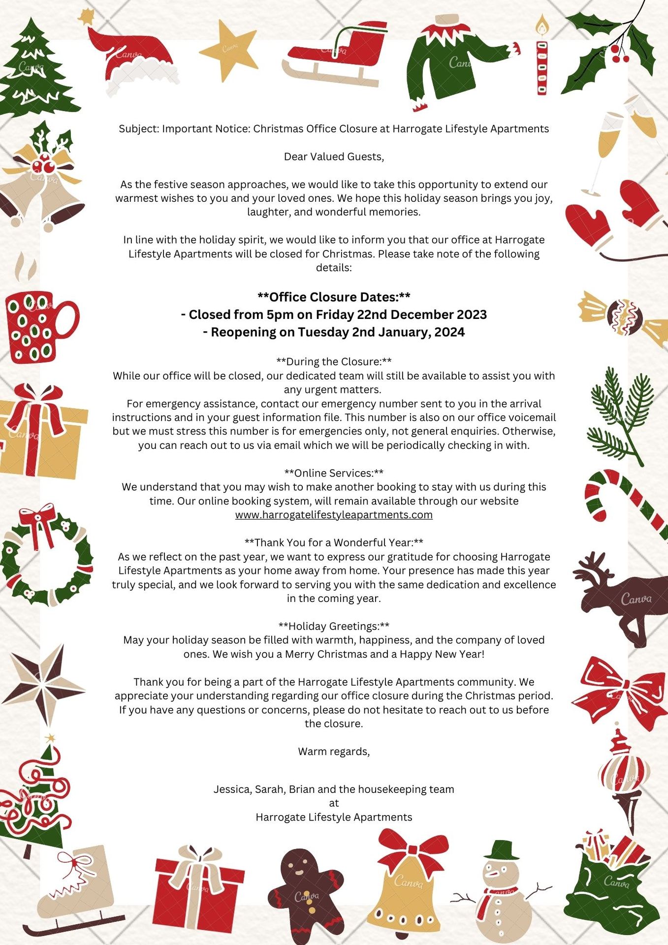 Christmas letter to our guests