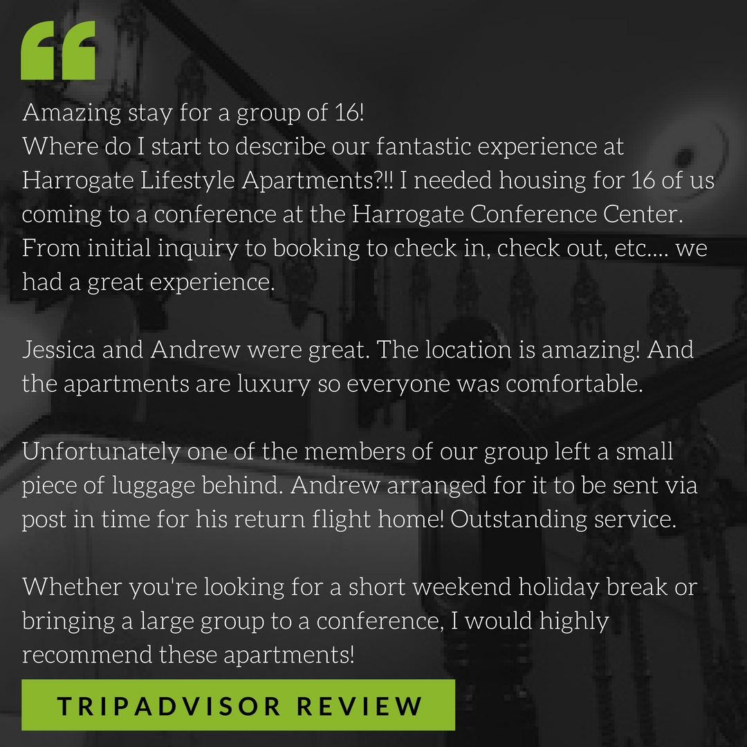 Just think of us like a Harrogate hotel, but instead of a cramped hotel room, you walk into an entire apartment that is spacious and stylish as your very own home from home. We can even provide you with a breakfast pack for your stay! review from tripadvisor
