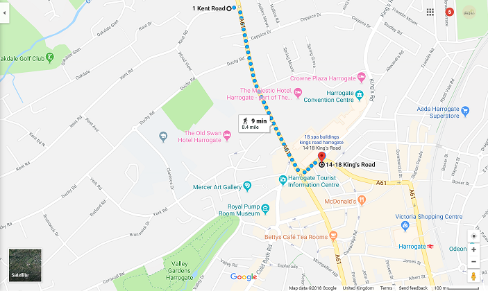 Google map directions from Harrogate Lifestyle Apartments to Kent Road FREE on-street car parking