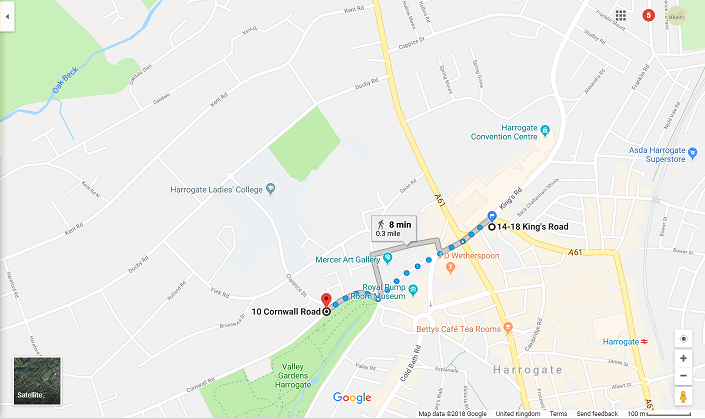 Google map directions from Harrogate Lifestyle Apartments to point where DISC ZONE ends on Cornwall Road FREE on-street car parking from that point onwards in direction away from the apartments